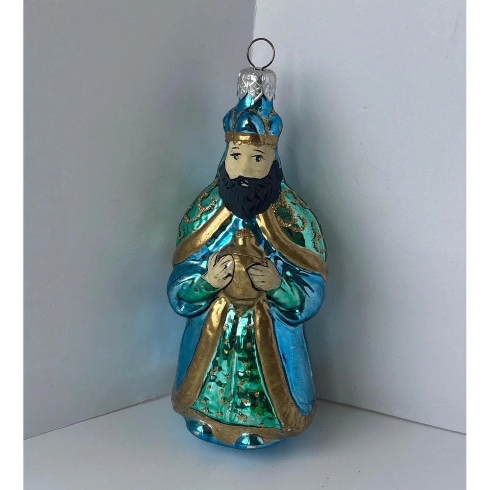 Vintage Blown Glass Wise Man King Christmas Ornament Teal Blue Gold Glitter 6